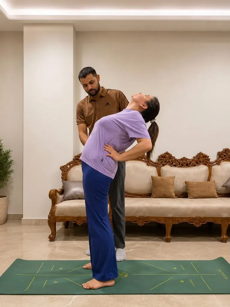 Satyam supporting a gentle standing backbend at home