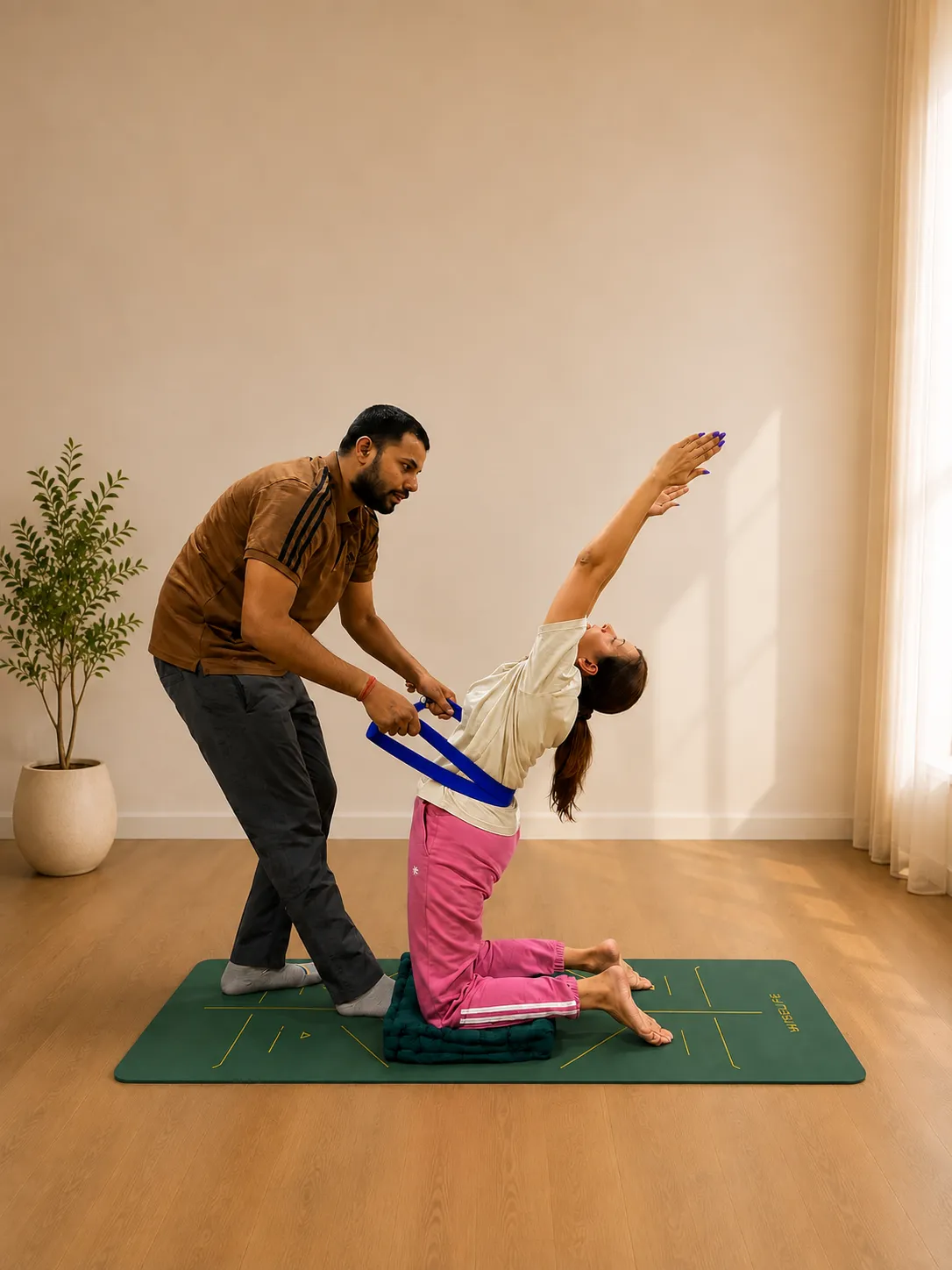 Satyam supporting a kneeling backbend with a yoga strap