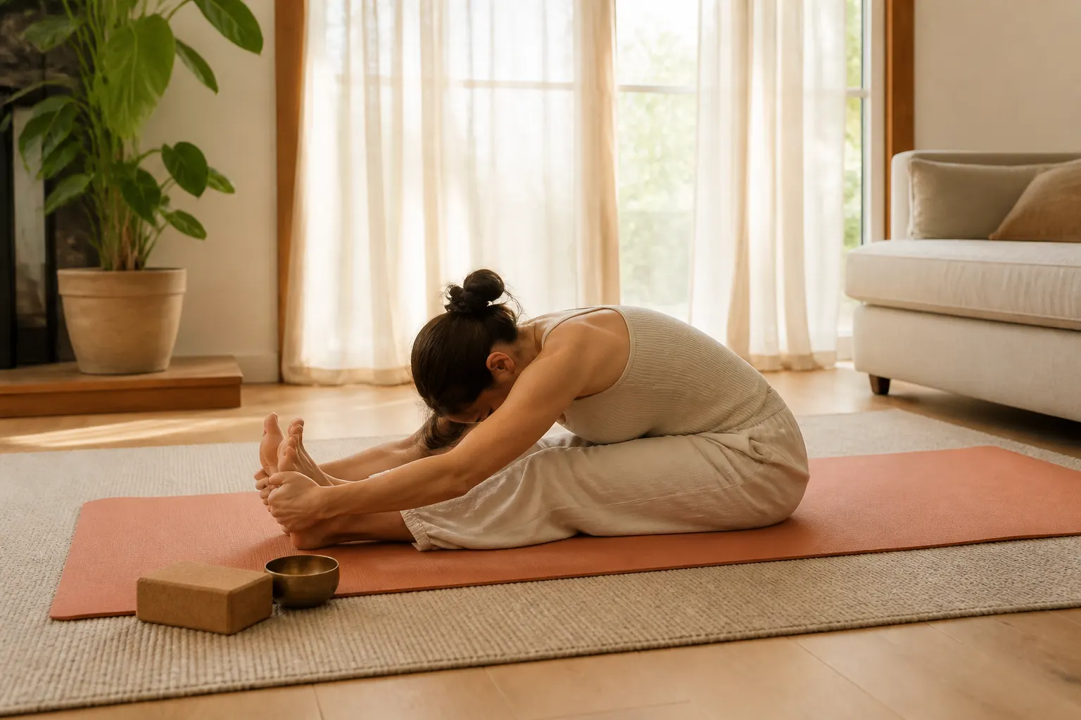 A home yoga session with a mat rolled out in a quiet living space