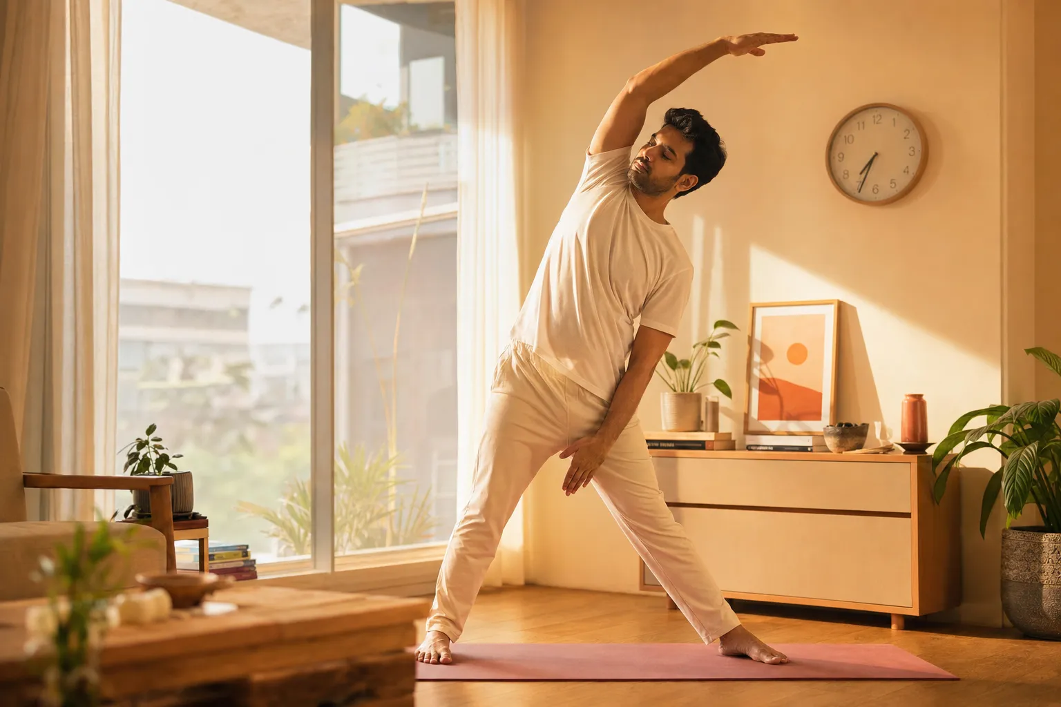 Satyam practicing a standing stretch at home in morning light